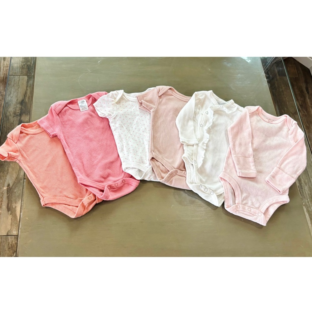 6 PC. BUNDLE - Assorted Pink & White Baby Girl Onesies Set (0-3 Months)